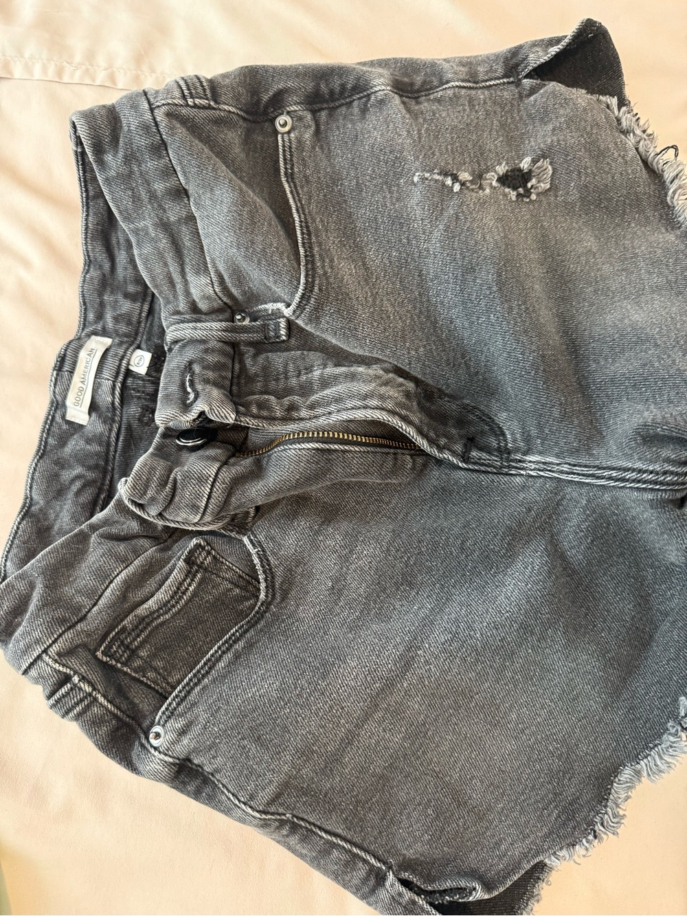 Good American Washed Black High-Rise Distressed Denim Shorts